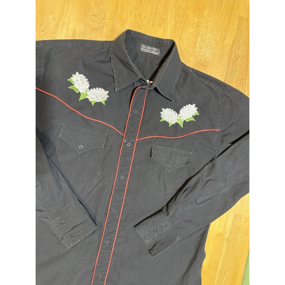 Tailor Chuong Western Shirt Mens Black Embroidered Roses Red Piping Snap Front